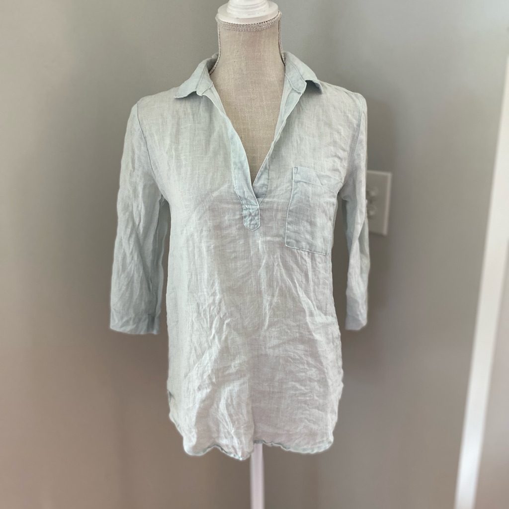 Side-Stitch Pale Mint Aqua 3/4 Sleeve Notched Collar Linen Blouse